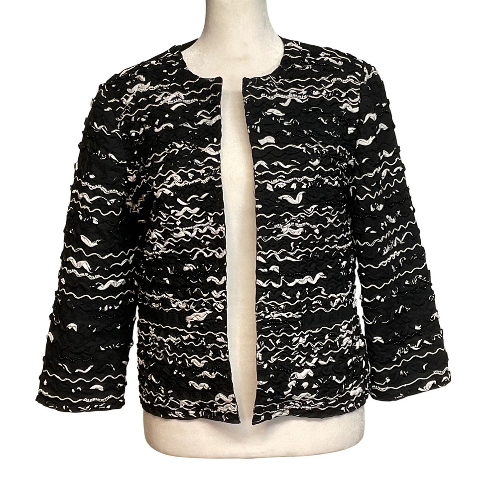 CHICOS black white minimalist jacket suit blazer textured stripe artisan 0 S Geo